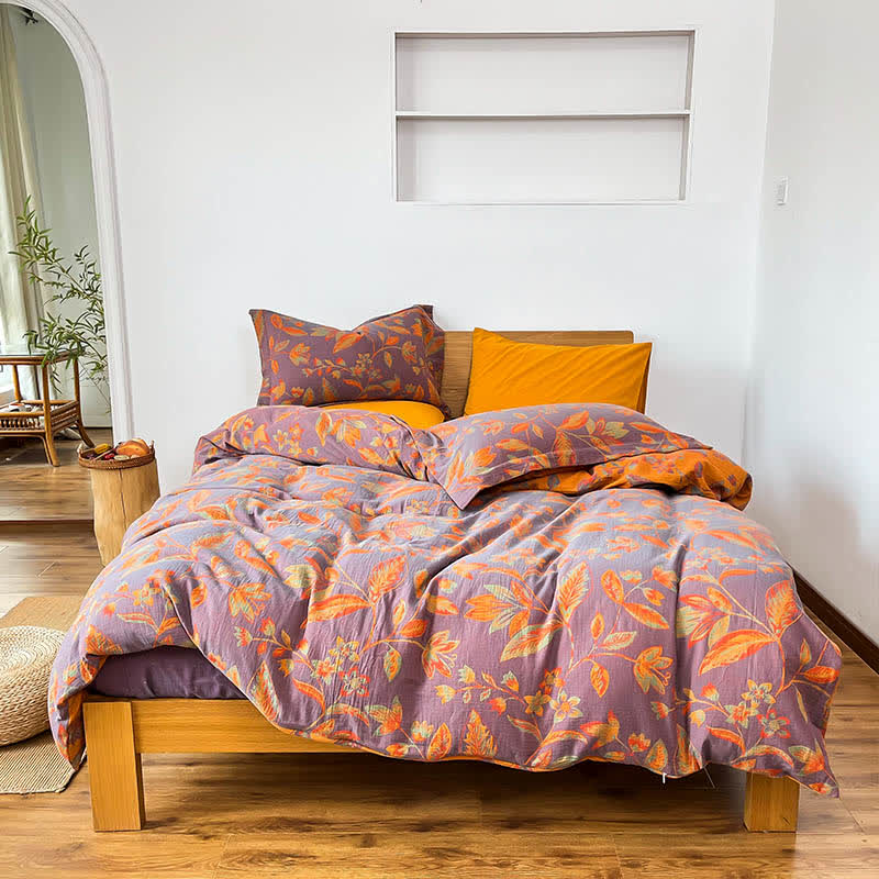 Set di biancheria da letto in cotone jacquard con foglie botaniche (4 pezzi) - Viola e arancione - Matrimoniale Grande - image 1