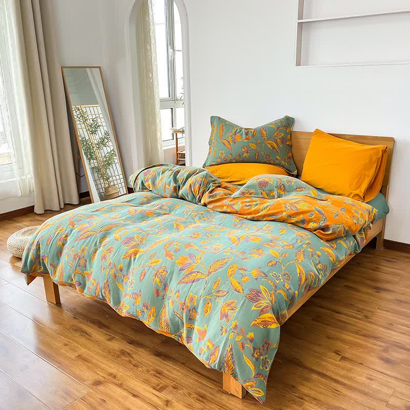 Set di biancheria da letto in cotone jacquard con foglie botaniche (4 pezzi) - Verde e arancione - Matrimoniale Grande - image 0