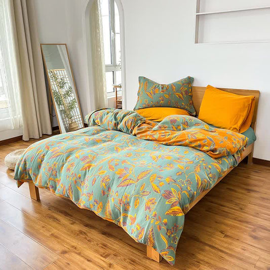 Set di biancheria da letto in cotone jacquard con foglie botaniche (4 pezzi) - Verde e arancione - Matrimoniale Grande - image 0