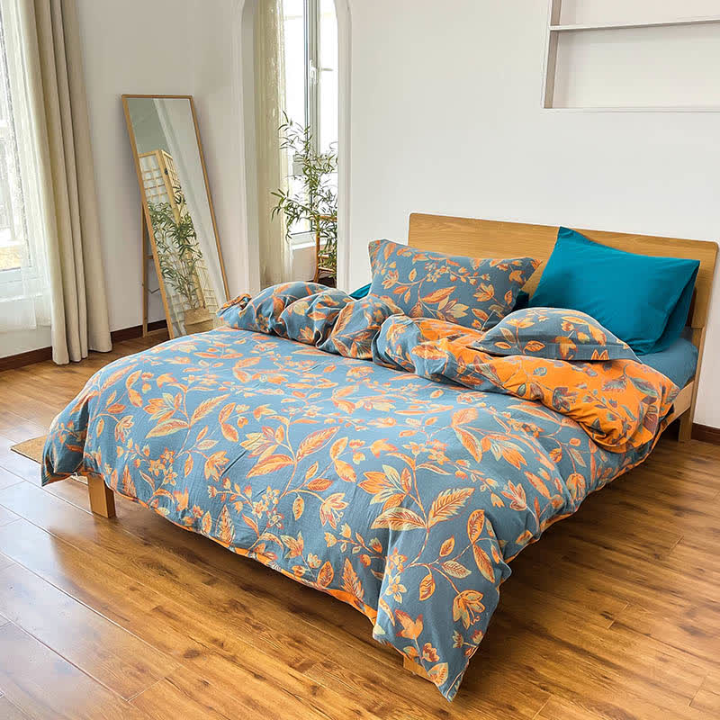 Set di biancheria da letto in cotone jacquard con foglie botaniche (4 pezzi) - Blu e arancione - Matrimoniale Grande - image 3