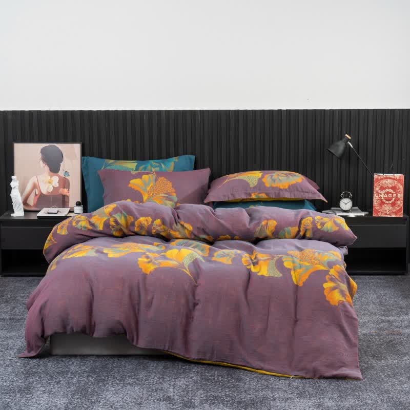 Set di biancheria da letto in garza di cotone ispirata al ginkgo (4 pezzi) - Viola e giallo - Matrimoniale Grande - image 16