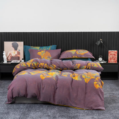 Set di biancheria da letto in garza di cotone ispirata al ginkgo (4 pezzi) - Viola e giallo - Matrimoniale Grande - image 16