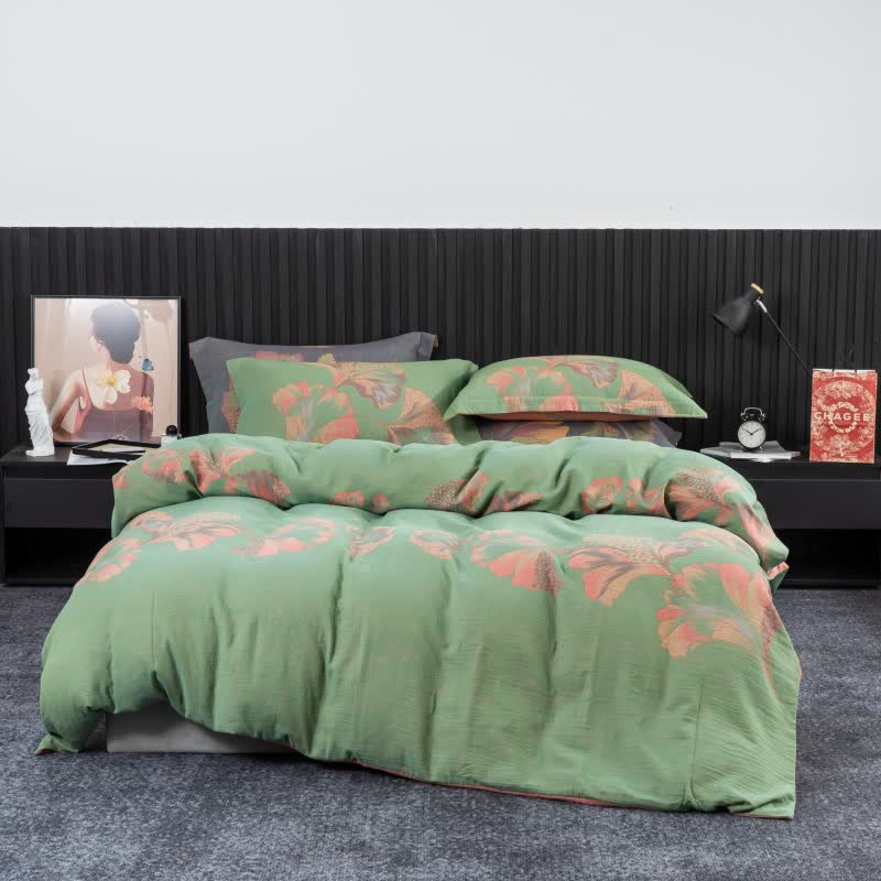 Set di biancheria da letto in garza di cotone ispirata al ginkgo (4 pezzi) - Verde e rosa - Matrimoniale Grande - image 15