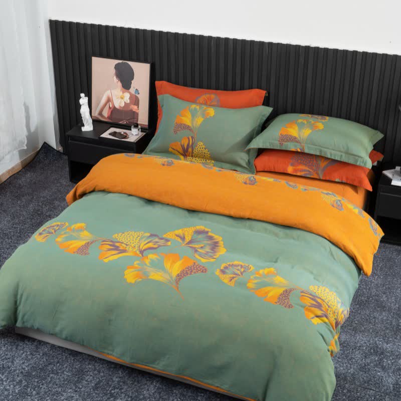 Set di biancheria da letto in garza di cotone ispirata al ginkgo (4 pezzi) - Verde e giallo - Matrimoniale Grande - image 18