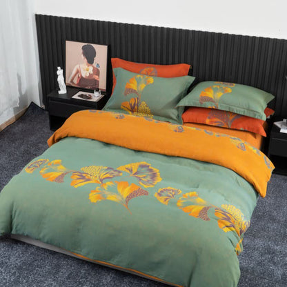 Set di biancheria da letto in garza di cotone ispirata al ginkgo (4 pezzi) - Verde e giallo - Matrimoniale Grande - image 18