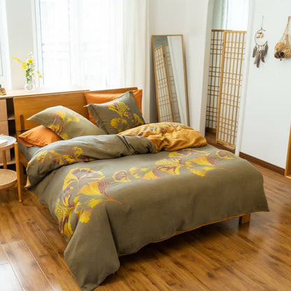 Set di biancheria da letto in garza di cotone ispirata al ginkgo (4 pezzi) - Grigio e giallo - Matrimoniale Grande - image 22