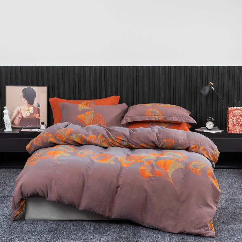 Set di biancheria da letto in garza di cotone ispirata al ginkgo (4 pezzi) - Viola e arancione - Matrimoniale Grande - image 17