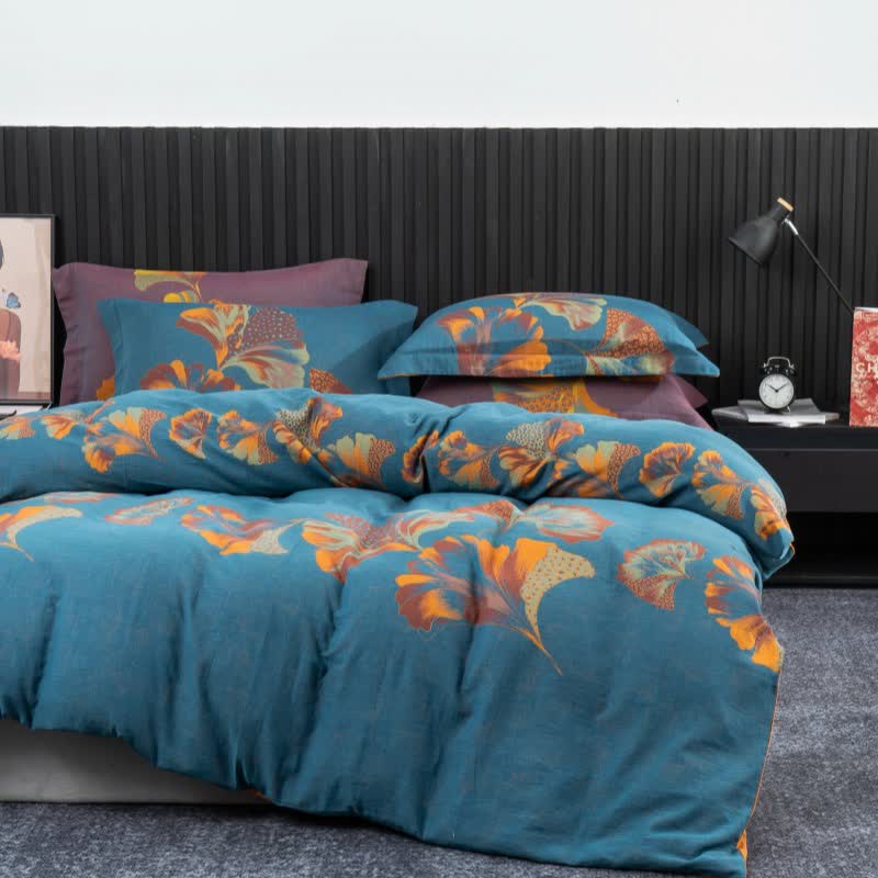 Set di biancheria da letto in garza di cotone ispirata al ginkgo (4 pezzi) - Blu e arancione - Matrimoniale Grande - image 14