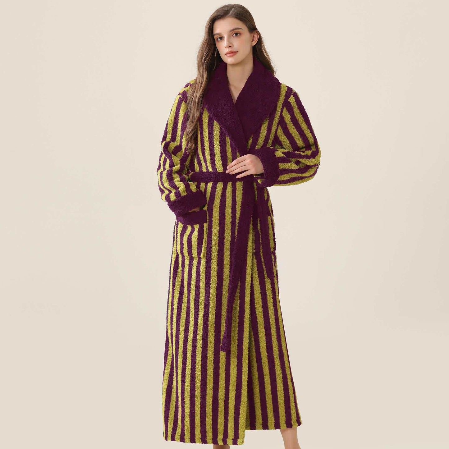 Accappatoio lungo caldo unisex in pile a righe - Viola e verde - XL - image 8