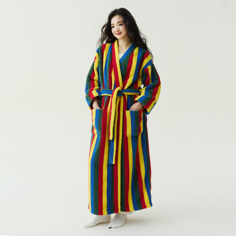 Accappatoio caldo in peluche con strisce a contrasto - Multicolore - XL - image 0