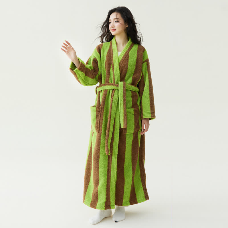 Accappatoio caldo in peluche con strisce a contrasto - Verde - XL - image 3