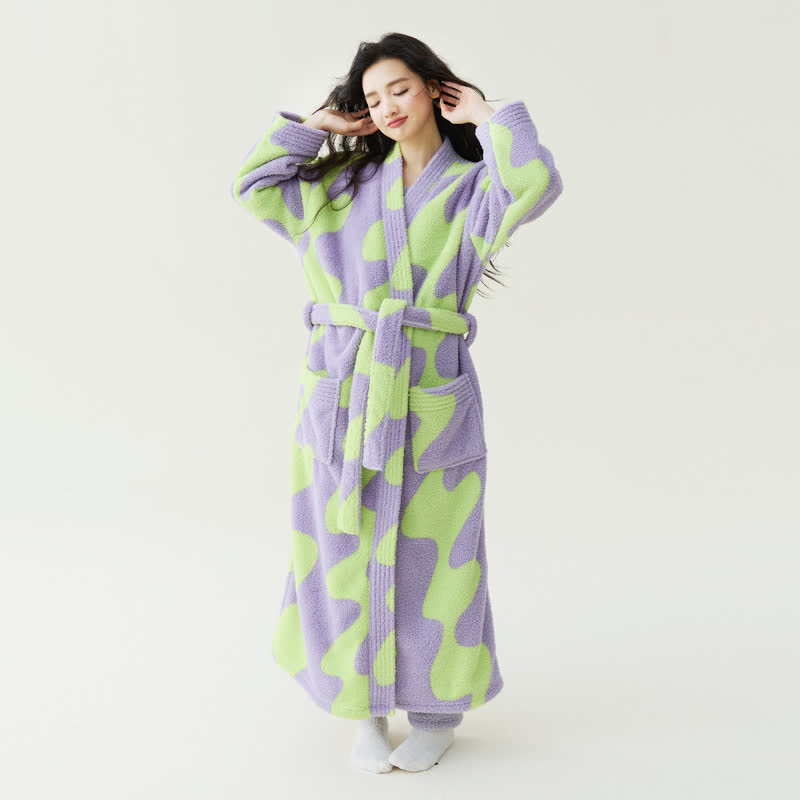 Accappatoio in peluche con motivo a onde colorblock - Verde e viola chiaro - XL - image 1