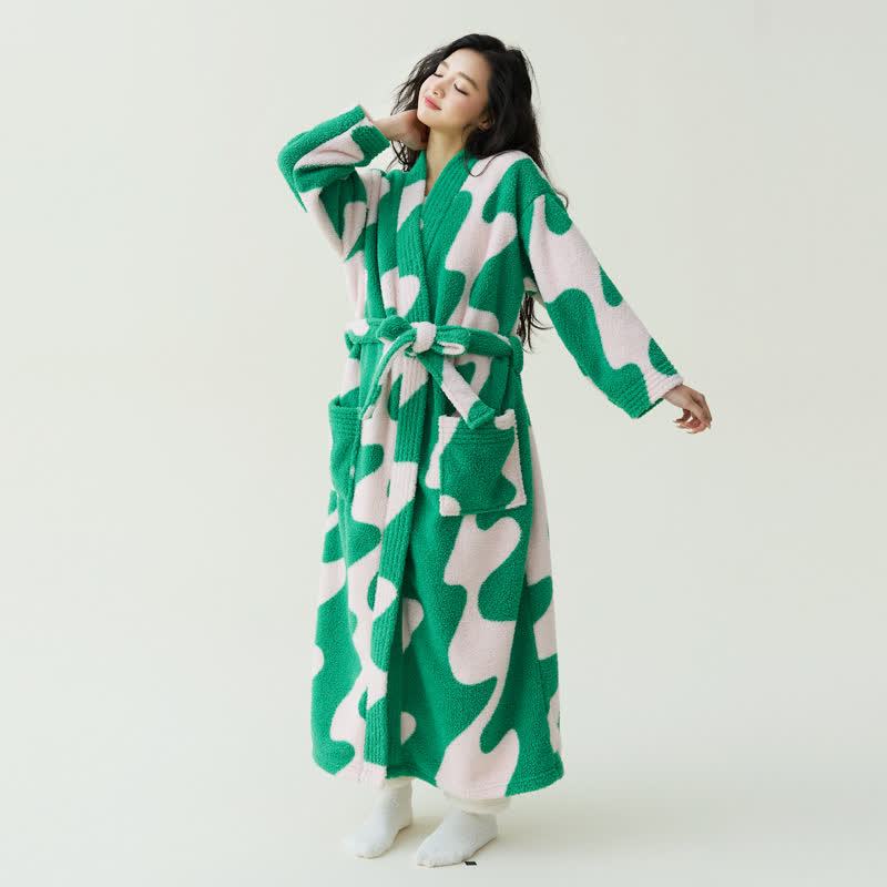 Accappatoio in peluche con motivo a onde colorblock - Verde e bianco - XL - image 0