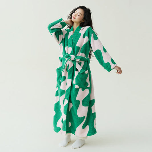 Accappatoio in peluche con motivo a onde colorblock - Verde e bianco - XL - image 0