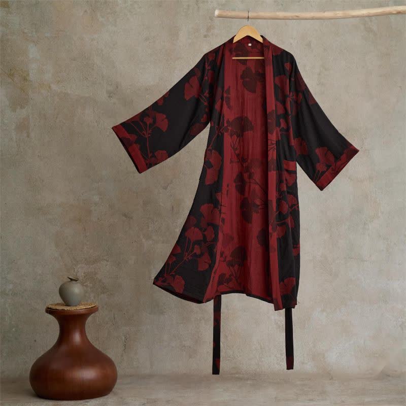 Grande kimono in cotone con foglie di ginkgo - Nero e rosso - 2XL - image 13