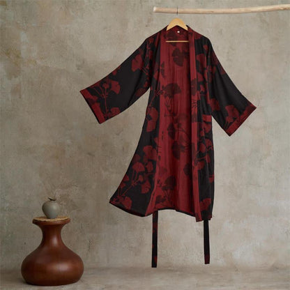 Grande kimono in cotone con foglie di ginkgo - Nero e rosso - 2XL - image 13