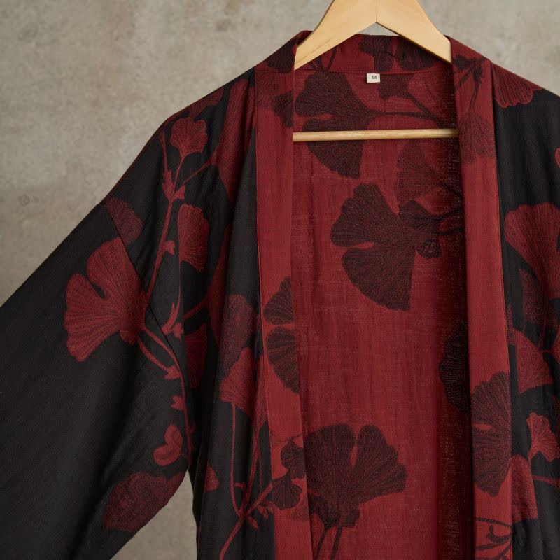 Grande kimono in cotone con foglie di ginkgo - image 4