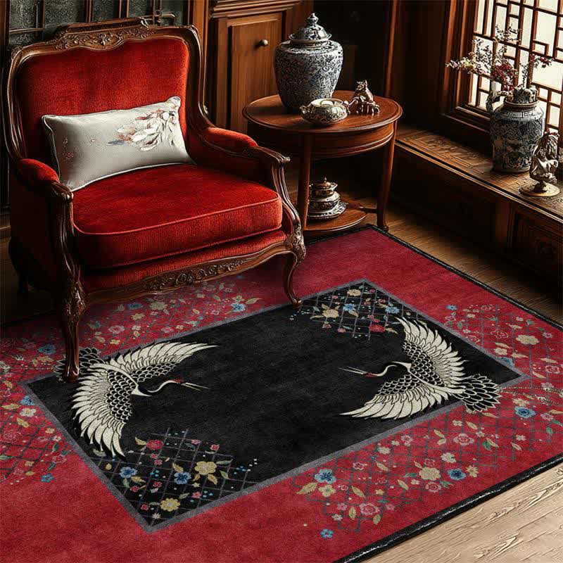 Tappeto antiscivolo con motivo floreale a gru coronata rossa - 153cm x 244cm - image 0