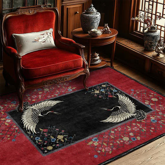 Tappeto antiscivolo con motivo floreale a gru coronata rossa - 153cm x 244cm - image 0