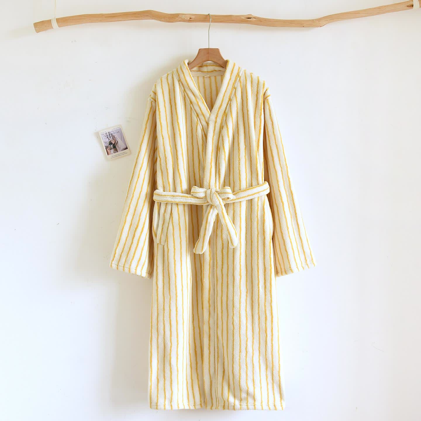 Accappatoio semplice in flanella calda a righe - Beige e giallo - L - image 13