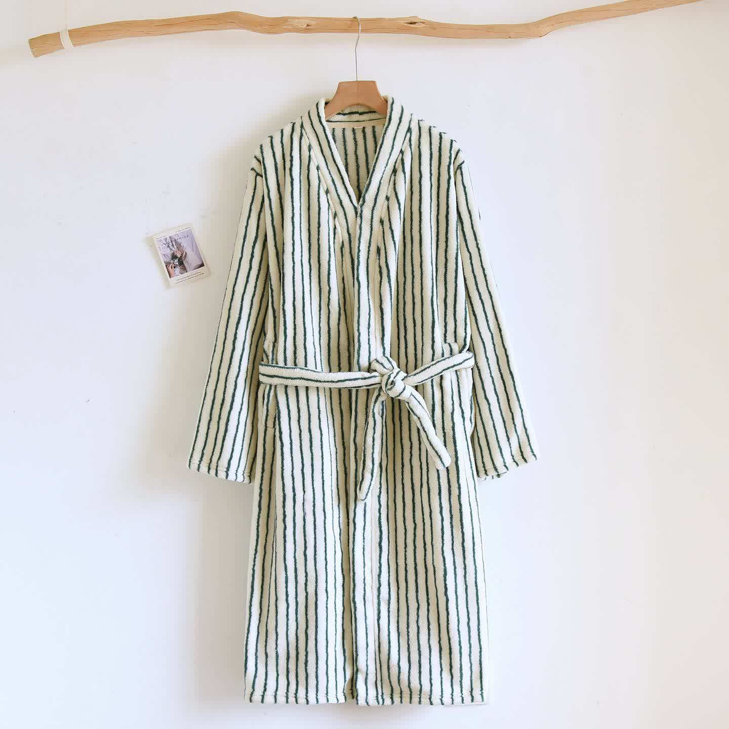Accappatoio semplice in flanella calda a righe - Beige e verde - L - image 12