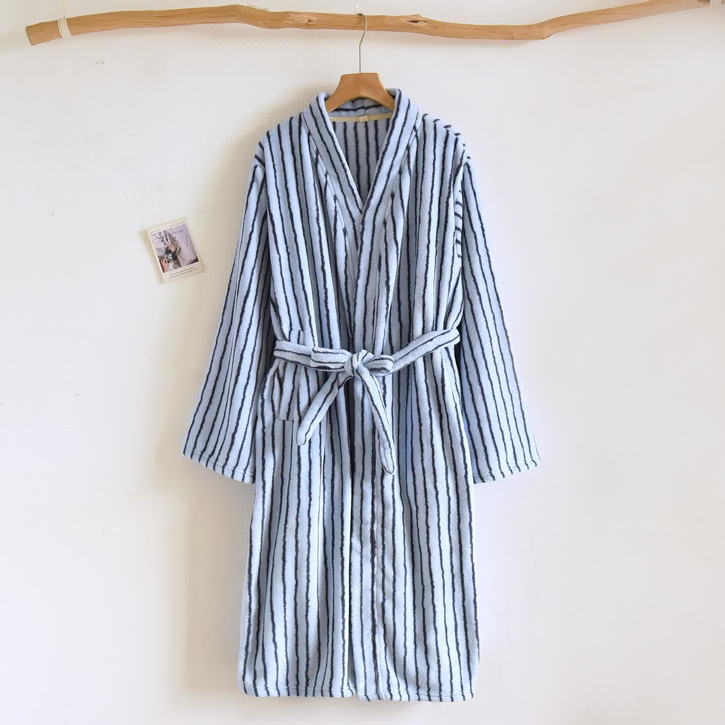 Accappatoio semplice in flanella calda a righe - Blu navy - L - image 3