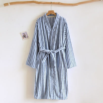 Accappatoio semplice in flanella calda a righe - Blu navy - L - image 3