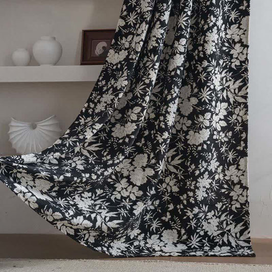 Tenda jacquard floreale in stile pastorale - Tasca per asta - Nero - 140cm x 260cm - image 0