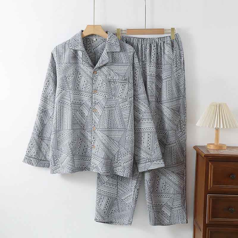 Completo da notte in garza di cotone con motivo geometrico - Grigio - 2XL - image 3