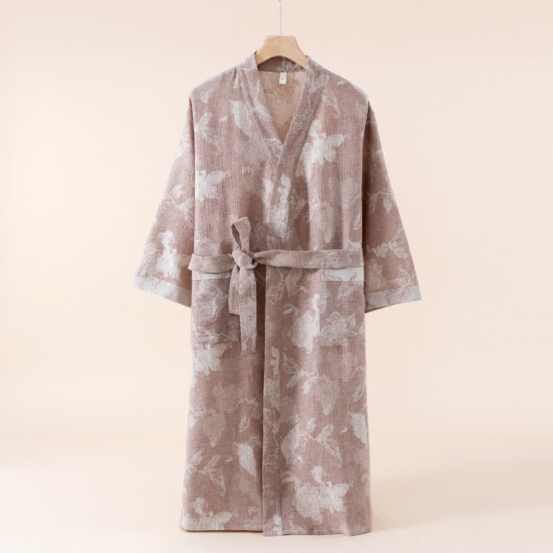 Kimono in cotone e lino floreale - Cachi - Taglia unica - image 9