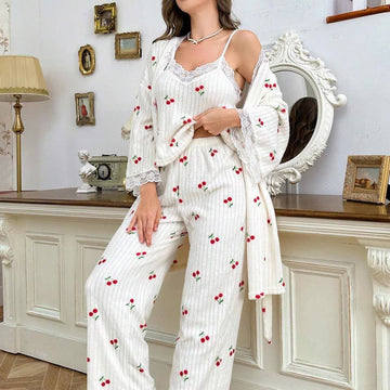 Pigiama con stampa di ciliegie e pizzo (3 pezzi) - XL - image 0