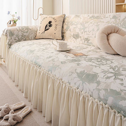 Copridivano in ciniglia con volant francese e motivo floreale - Verde - 180cm x 340cm - image 2
