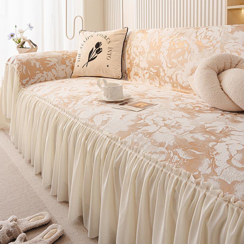 Copridivano in ciniglia con volant francese e motivo floreale - Beige - 180cm x 340cm - image 4