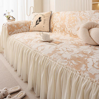 Copridivano in ciniglia con volant francese e motivo floreale - Beige - 180cm x 340cm - image 4