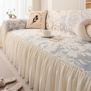 Copridivano in ciniglia con volant francese e motivo floreale - Blu - 180cm x 340cm - image 0