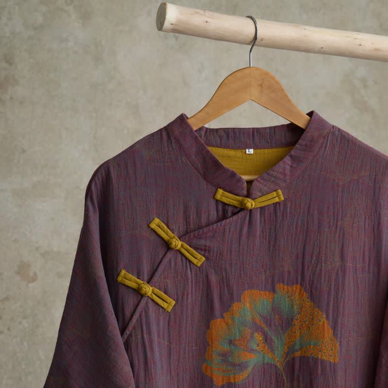 Camicia da notte cheongsam in cotone con stampa foglie di ginkgo - image 3