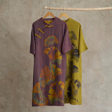 Camicia da notte cheongsam in cotone con stampa foglie di ginkgo - image 0