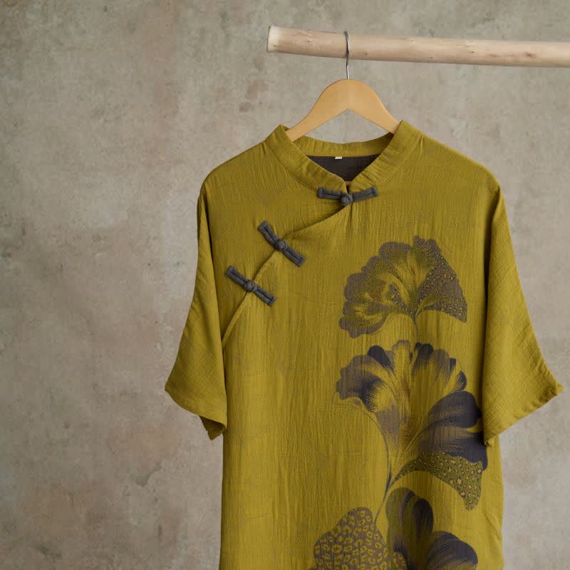 Camicia da notte cheongsam in cotone con stampa foglie di ginkgo - image 7