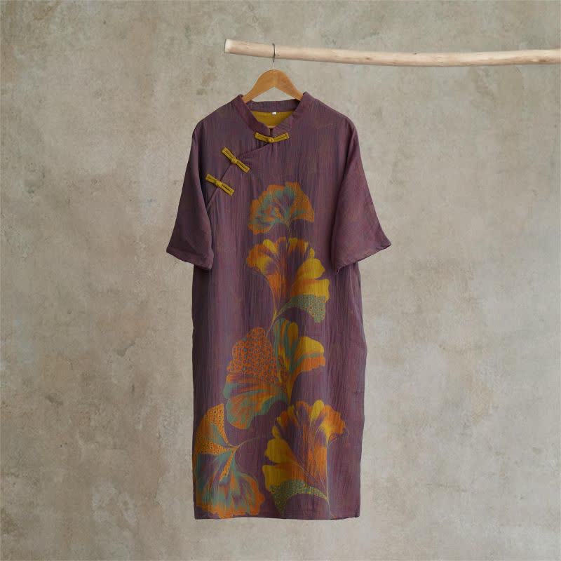 Camicia da notte cheongsam in cotone con stampa foglie di ginkgo - Viola - Taglia unica - image 1