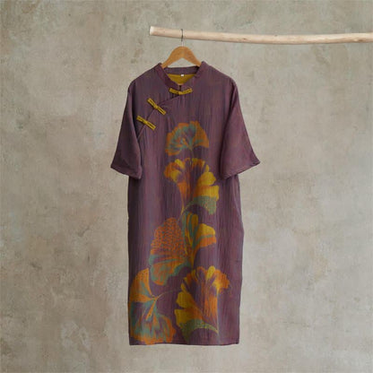 Camicia da notte cheongsam in cotone con stampa foglie di ginkgo - Viola - Taglia unica - image 1