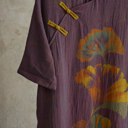 Camicia da notte cheongsam in cotone con stampa foglie di ginkgo - image 4