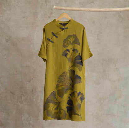 Camicia da notte cheongsam in cotone con stampa foglie di ginkgo - Giallo - Taglia unica - image 6