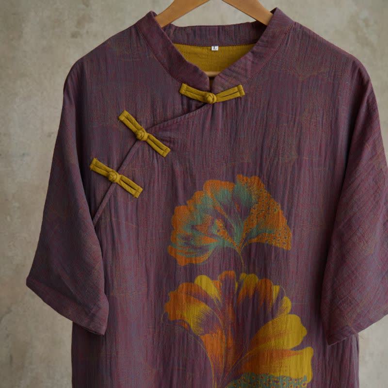 Camicia da notte cheongsam in cotone con stampa foglie di ginkgo - image 2