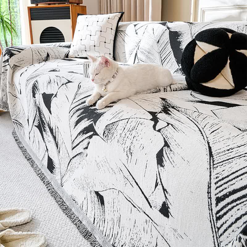Coperta da divano in ciniglia con foglie di banana - Nero - 180cm x 340cm - image 1