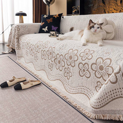 Coperta da divano con nappa jacquard floreale - Cachi - 180cm x 340cm - image 0