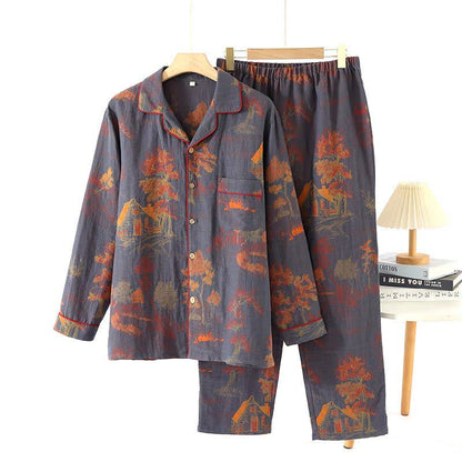 Completo da notte in cotone jacquard con motivo albero retrò - Grigio Blu - XL - image 3