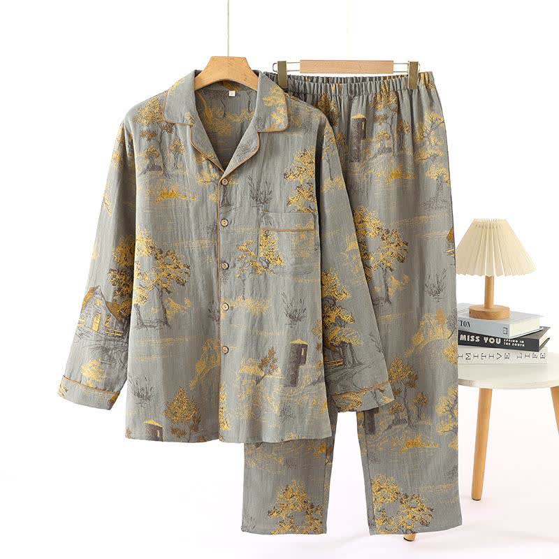 Completo da notte in cotone jacquard con motivo albero retrò - Grigio - XL - image 2