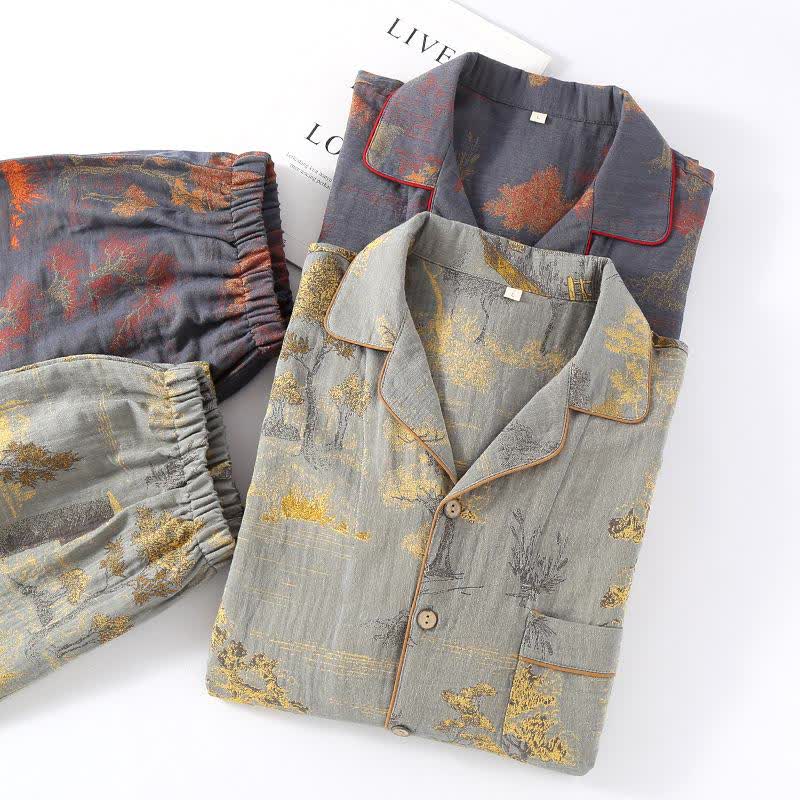 Completo da notte in cotone jacquard con motivo albero retrò - image 1