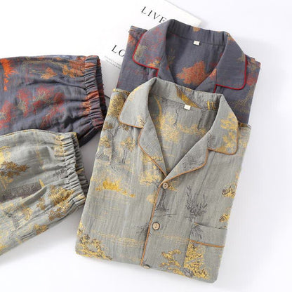 Completo da notte in cotone jacquard con motivo albero retrò - image 1