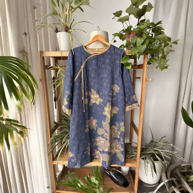 Camicia da notte in garza di cotone floreale in stile orientale - Blu - L - image 0